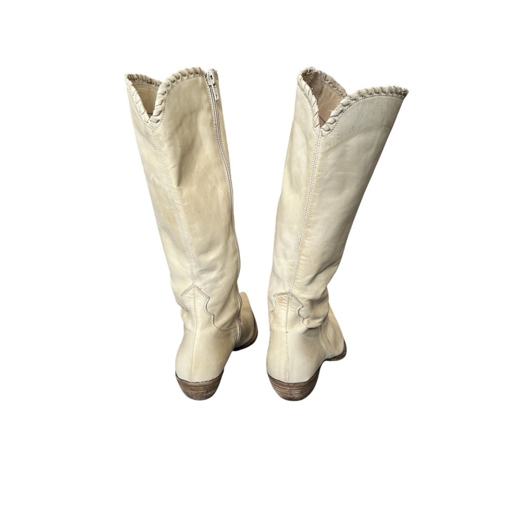 Vintage Pointed Toe Cream Italian Leather Western Boots Stacked Heel Zip Up 9 - Picture 6 of 16